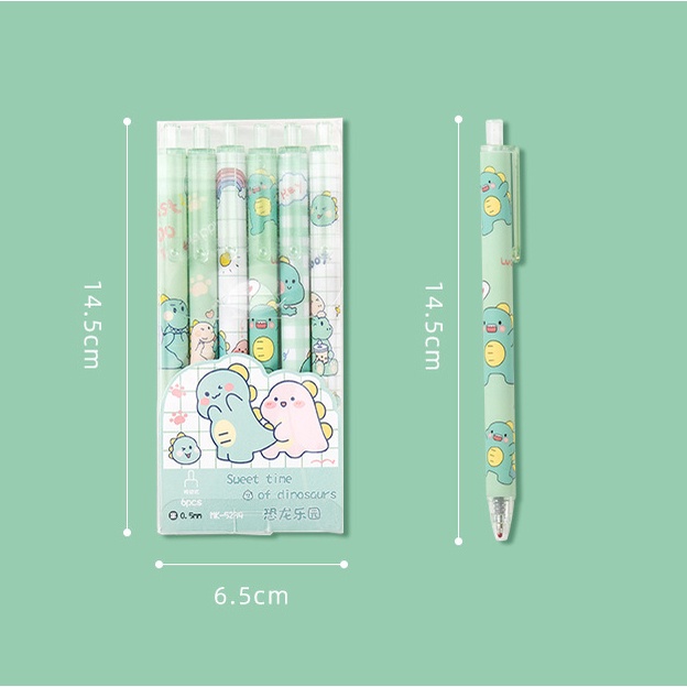 Set 6 bút bi cute mực đen ngòi 0.5mm hình gấu khủng long dễ thương