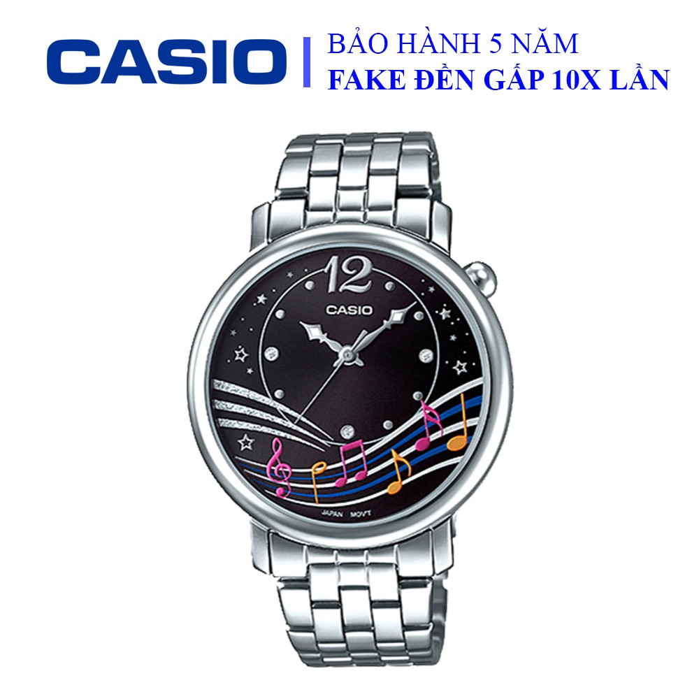 Đồng hồ Casio nữ dây sắt thể thao, mặt hình khuôn nhạc cá tính, độc đáo, chống nước WR30M đi bơi (LTP-E123D-1ADF)