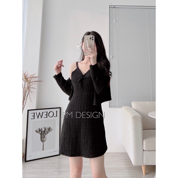 Set váy hai dây xốp xoắn ngực kèm áo cadigan cúc ngọc chanh xả