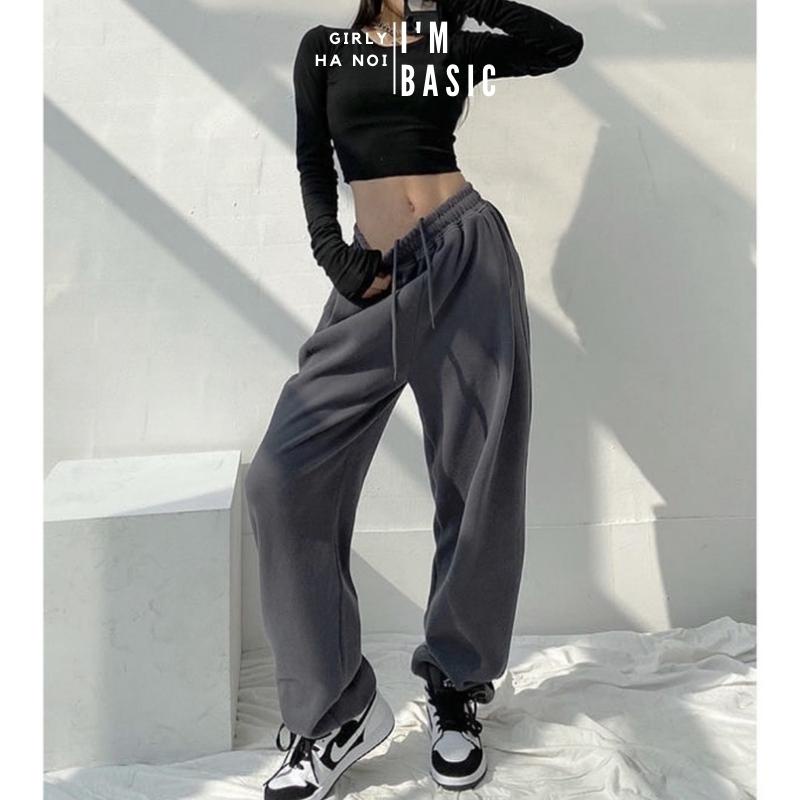 Quần Sweatpants Jogger Nữ Bo Ống Dây Rút Form Rộng Màu Đen Phong Cách Hàn Quốc I'm Basic Girly