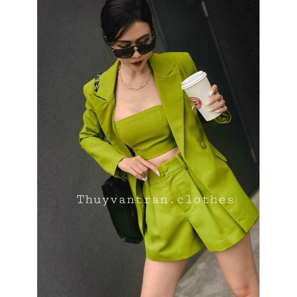 Sét bộ thời trang nữ mặc đi chơi chất cotton lạnh xịn 3 món áo blazer tay dài mix quần đùi cạp cao
