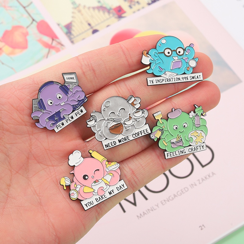Ghim cài áo QIHE JEWELRY hình bạch tuộc hoạt họa làm từ hợp kim