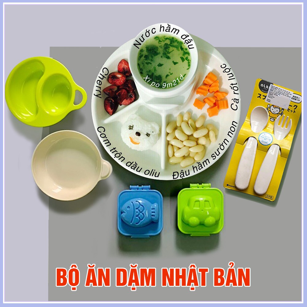 Combo Nhật: 1 Khay ăn 4 ngăn Inomata; 1 Bộ Bát chia ngăn Inomata; 1 Set thìa dĩa Nhật; 1 Set 2 khuôn ép cơm Nhật