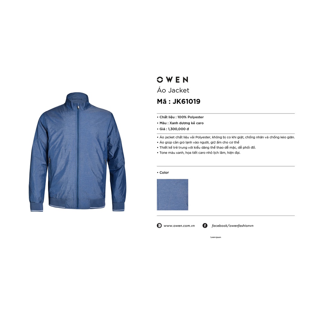 Áo Khoác Nam Owen JK61019 Jacket Dáng Suông Màu Xanh Xám Kẻ Caro Nhỏ Cổ Tay Và Gấu Áo Bo Chun Tiện Lợi Phối Viền Trắng