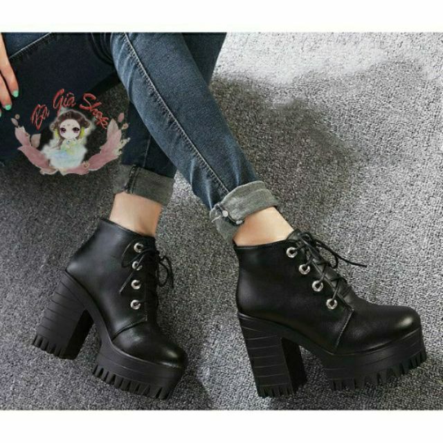 Giày boot cao gót đen 9cm giày gót vuông | BigBuy360 - bigbuy360.vn