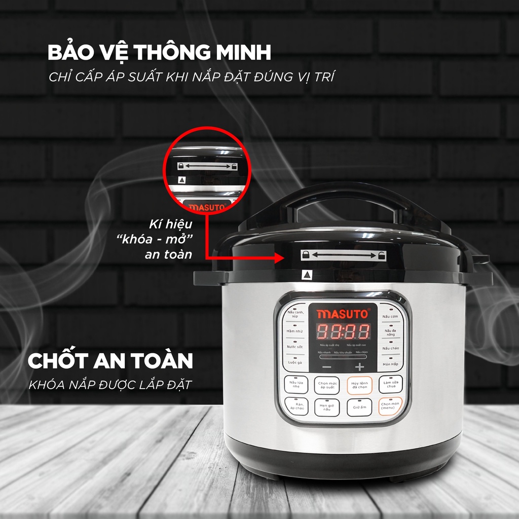 Nồi áp suất điện Masuto 6L van xả đôi tự động điều khiển cảm ứng 1 chạm phiên bản nâng cấp 2022 TẶNG CHẢO VÂN ĐÁ