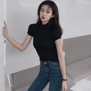 Áo dệt kim tay ngắn cho nữ cổ lọ màu trơn tinh tế