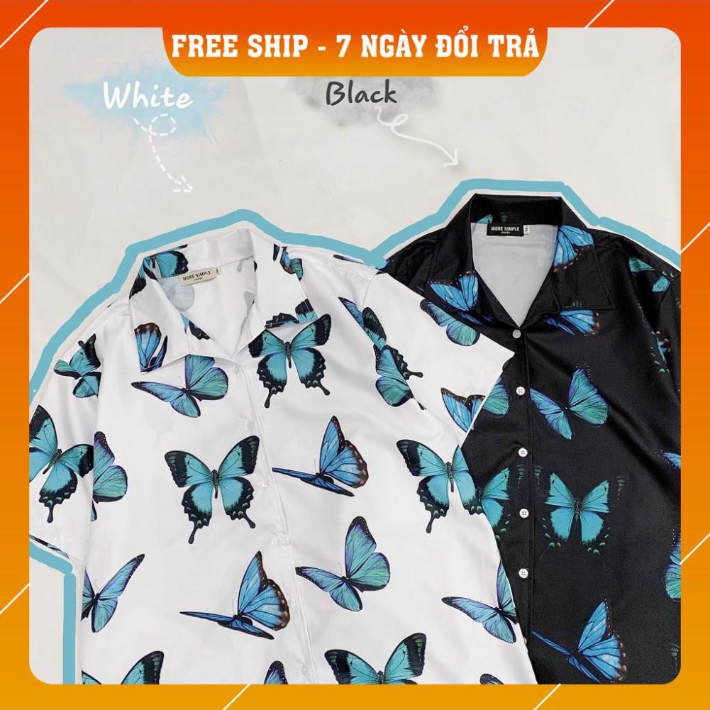 Áo Sơ Mi Tay Lỡ In Họa Tiết Bướm Xanh V1 Unisex (Trắng/Đen) | BigBuy360 - bigbuy360.vn