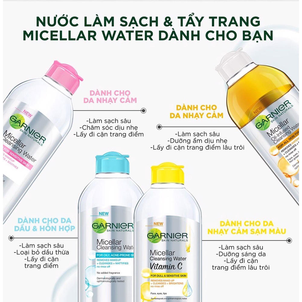 Nước Tẩy Trang làm Sạch Sâu, Ngừa Mụn, Sáng Da Garnier Micellar Cleansing Water