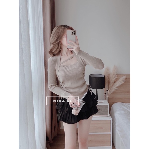 Áo len tăm cổ vuông dây chéo rút dây 2 bên, Áo kiểu dài tay dáng ôm AL1830 - NhiNhi Shop | BigBuy360 - bigbuy360.vn