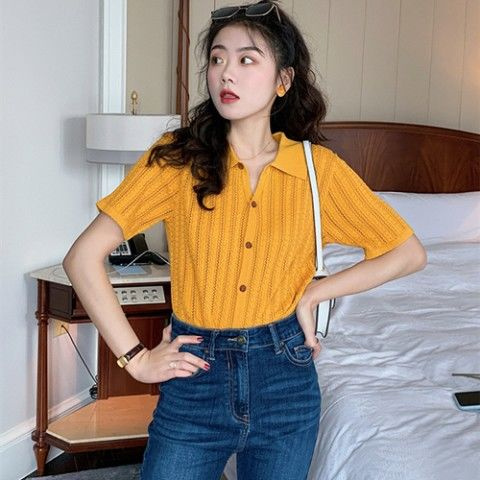 01097 áo polo Tay Ngắn Dáng Rộng Vải Lụa Lạnh Mỏng Thời Trang Mùa Hè Hàng Mới Dành Cho Bạn Nữ 2021 | BigBuy360 - bigbuy360.vn