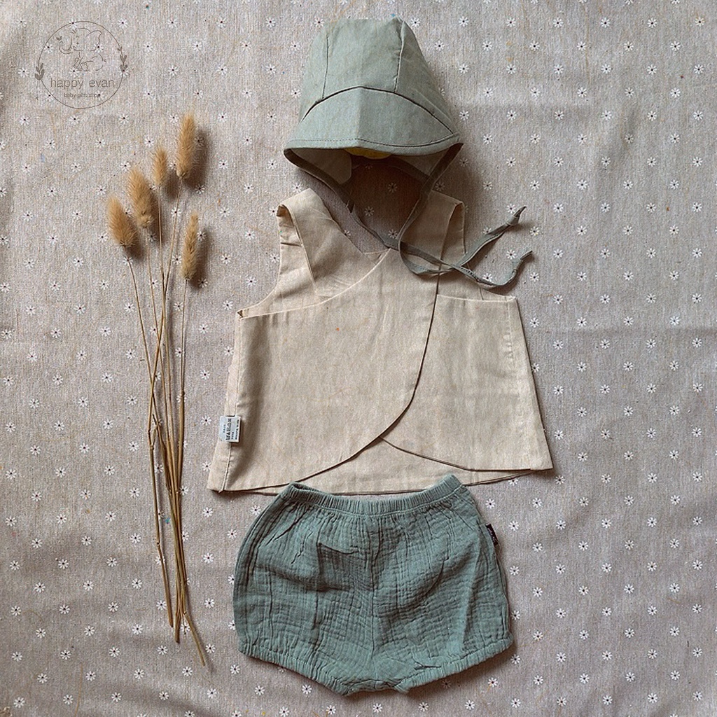 [Freeship] [Auth Tiny People] Nón vải linen mộc mạc cho bé, dây rút chỉnh kích cỡ, bền, thoáng khí, lót trong cotton mềm