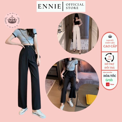 Quần Ống Rộng Culottes Nữ Ennie Cạp Cao Trắng Đen Có Khóa Trước Đứng Dáng Suông Chất Liệu NA004