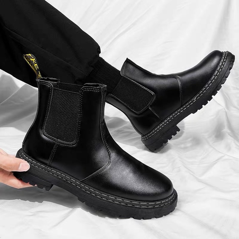 Chelsea boots nam xu hướng mùa thu đông all black one-foot Martin boots da nam boots thời trang Hàn Quốc