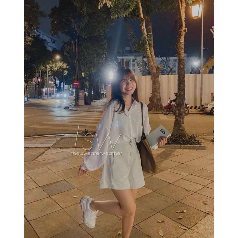 Áo sơ mi đũi rút dây tay fom thụng hàng đẹp