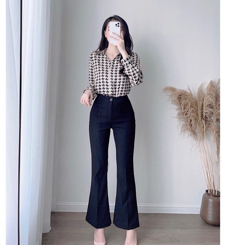Quần Ống Loe Cạp Cao Đen Trơn Cao Cấp Phối 2 Túi Giả Zym's House - K34