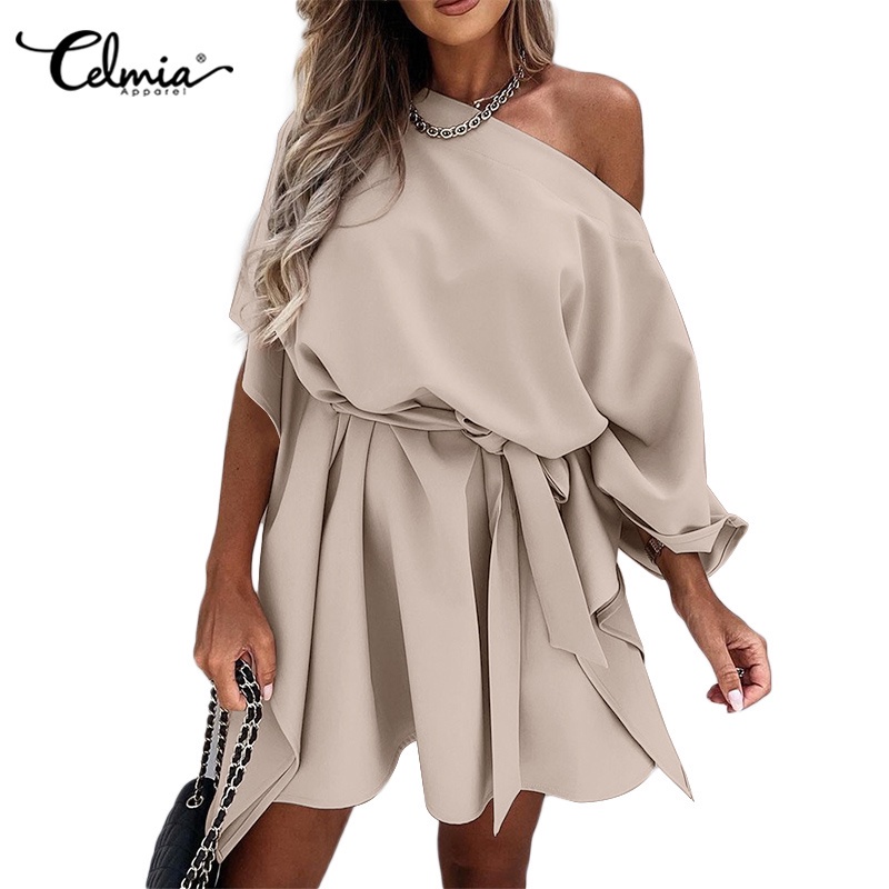 Đầm ngắn CELMIA buộc dây tay cánh dơi cổ ngang thời trang Âu Mỹ