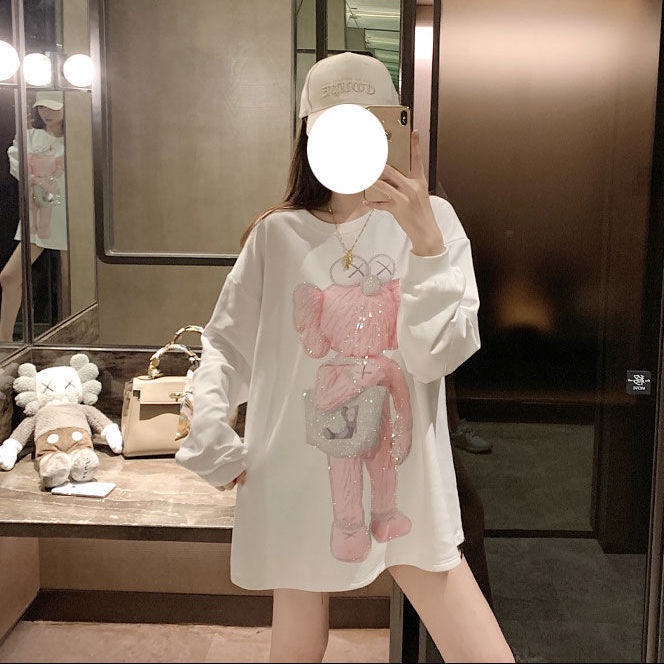 Jiashucheng Hàng Có Sẵn Áo Thun Dài Tay Dáng Rộng Cỡ Lớn Vừa In Họa Tiết Kim Cương Công Nghiệp Màu Trắng