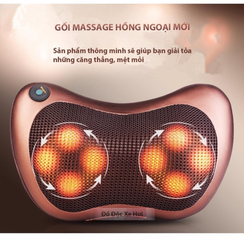 Gối Massage Hồng Ngoại 8 Bi đảo chiều (Nâu đỏ) + Tặng 1 máy massage cầm tay MIMO