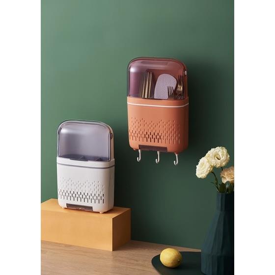 Hộp đựng đũa muỗng thìa 3 ngăn có nắp kín gắn tường kèm miếng dán siêu chắc, không cần khoan tường mẫu mới 6600