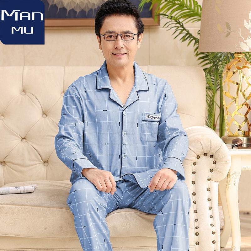 Bộ đồ ngủ cotton cao cấp cho bà mẹ Bộ đồ ngủ dài tay dành cho người trung niên và lớn tuổi của ông bố già mặc phù hợp v