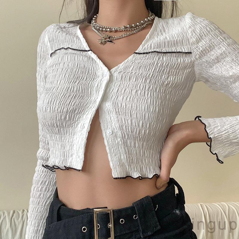 Áo Kiểu Ngắn Tay Dài Màu Trơn Thiết Kế Xếp Ly Viền Màu Cho Nữ