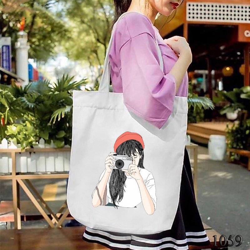 Túi Đeo Vai Túi Tote Vải Canvas Trắng In Hình Girl Photograp Dễ Thương 1059 Thời Trang Dạo Phố Hàn Quốc Cực Xinh