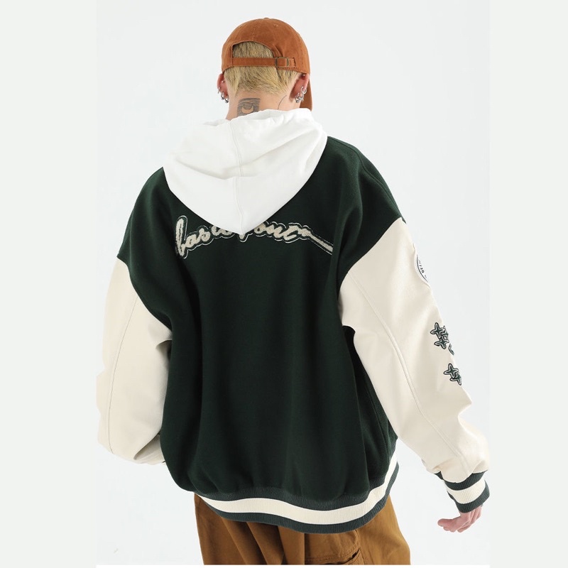 ÁO BOMBER DẠ TAY DA CHỮ THÊU HÀNG 2 LỚP QUẢNG CHÂU