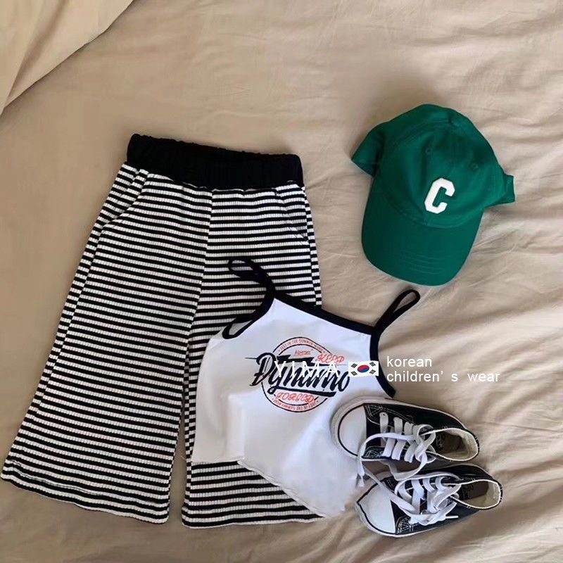 Bộ Áo Thun Không Tay + Quần Ống Rộng Họa Tiết Kẻ Sọc Phong Cách Hàn Quốc Thời Trang Mùa Hè 48 Giờ Cho Bé Gái