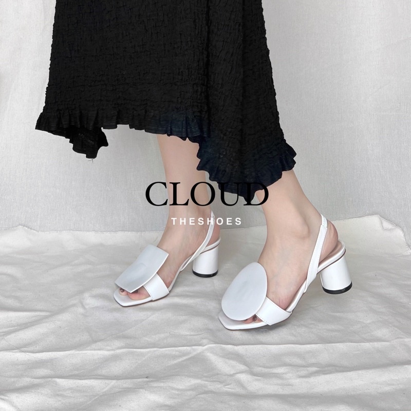 Giày cao gót sandal nữ trụ tròn mũi vuông họa tiết vuông tròn bản to quai hậu – Cloud The Shoes