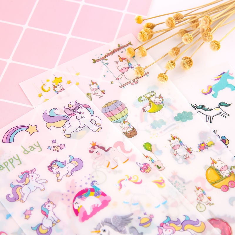 Set 6 tấm Nhãn dán sticker kỳ lân unicorn dễ thương gocnhocuaco VPP0129