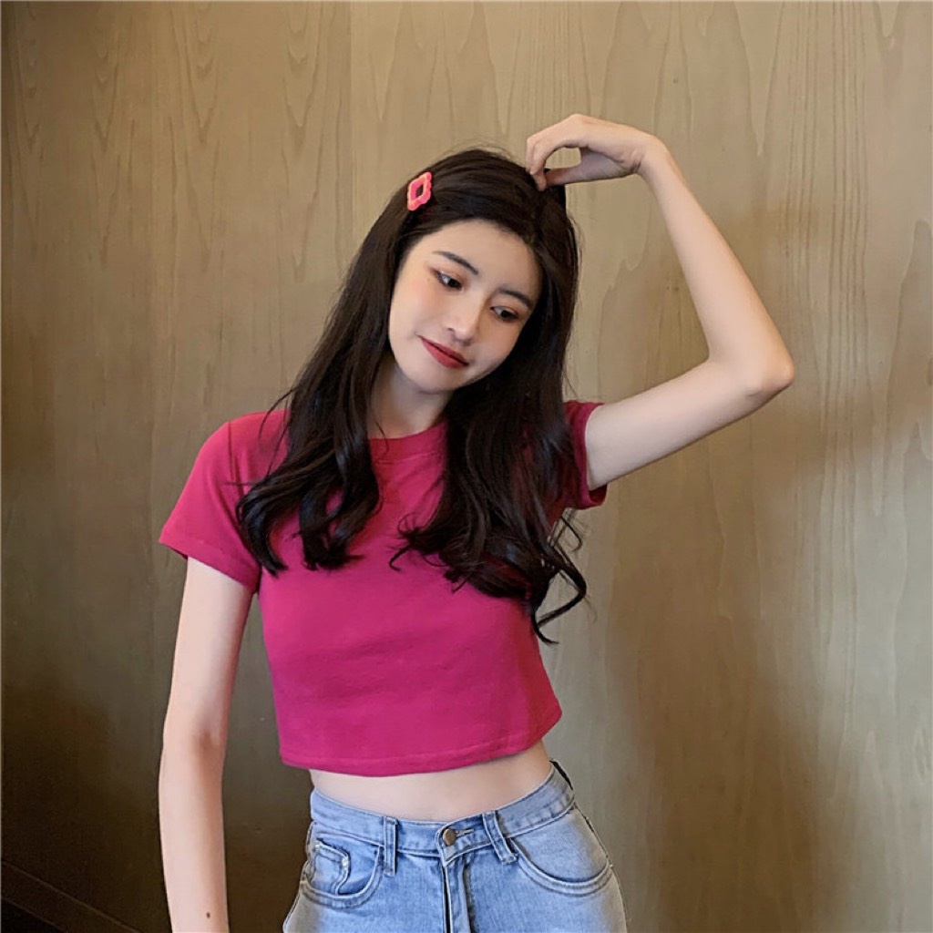 Áo crop basic có tay nữ - tay ngắn chất thun borip siêu co giãn, ôm body.