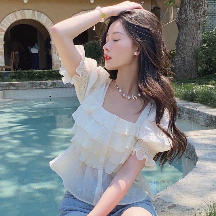 Áo Chiffon Ngắn Tay Cổ Vuông Màu Sắc Trơn Thời Trang Cho Nữ  tao bao