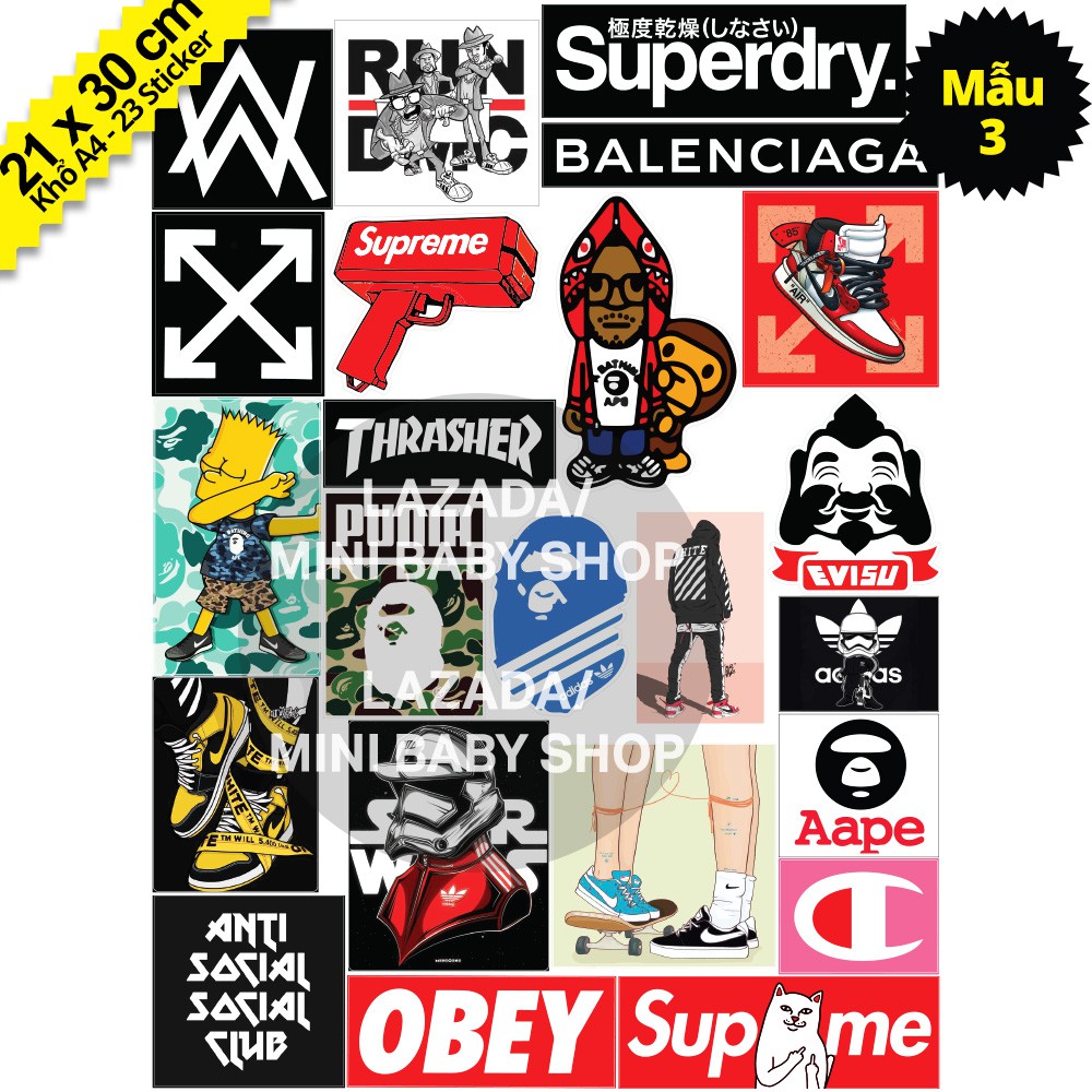 Combo Sticker Hình Dán Hoa Cúc, Hypebeast, Babe, Ape