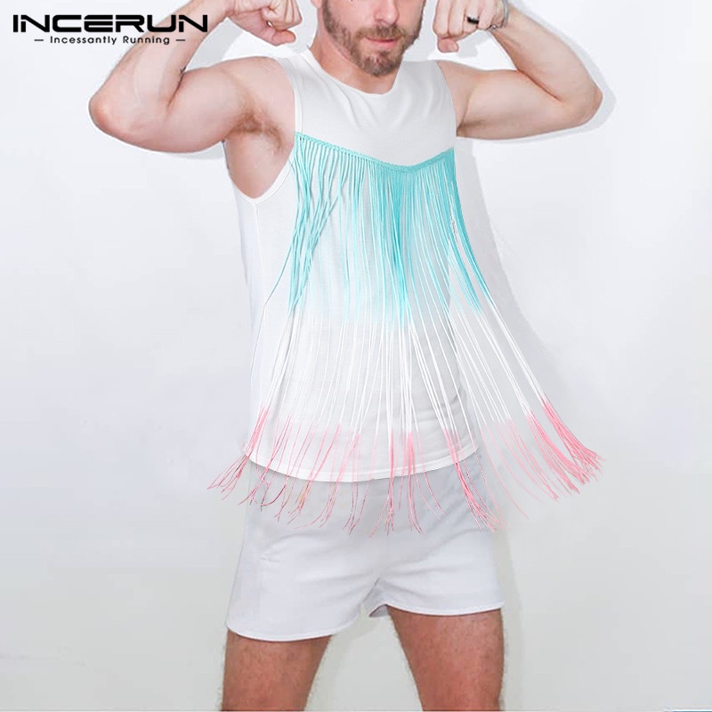 INCERUN Áo Thun Ba Lỗ Cổ Tròn Phối Tua Rua Nhiều Màu Sắc Dành Cho Nam