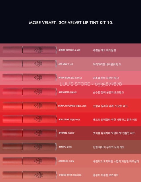 Set Son Kem 3CE Velvet Tint 10 cây Fullsize | BigBuy360 - bigbuy360.vn