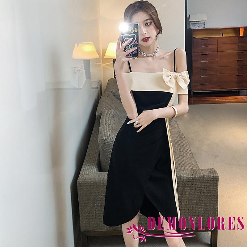 DEMQ-Women Sling Dress Patchwork Off-Shoulder Long Ribbon Bow Hip Dress, Ladies Summer Slim Korean Style Long Outfits