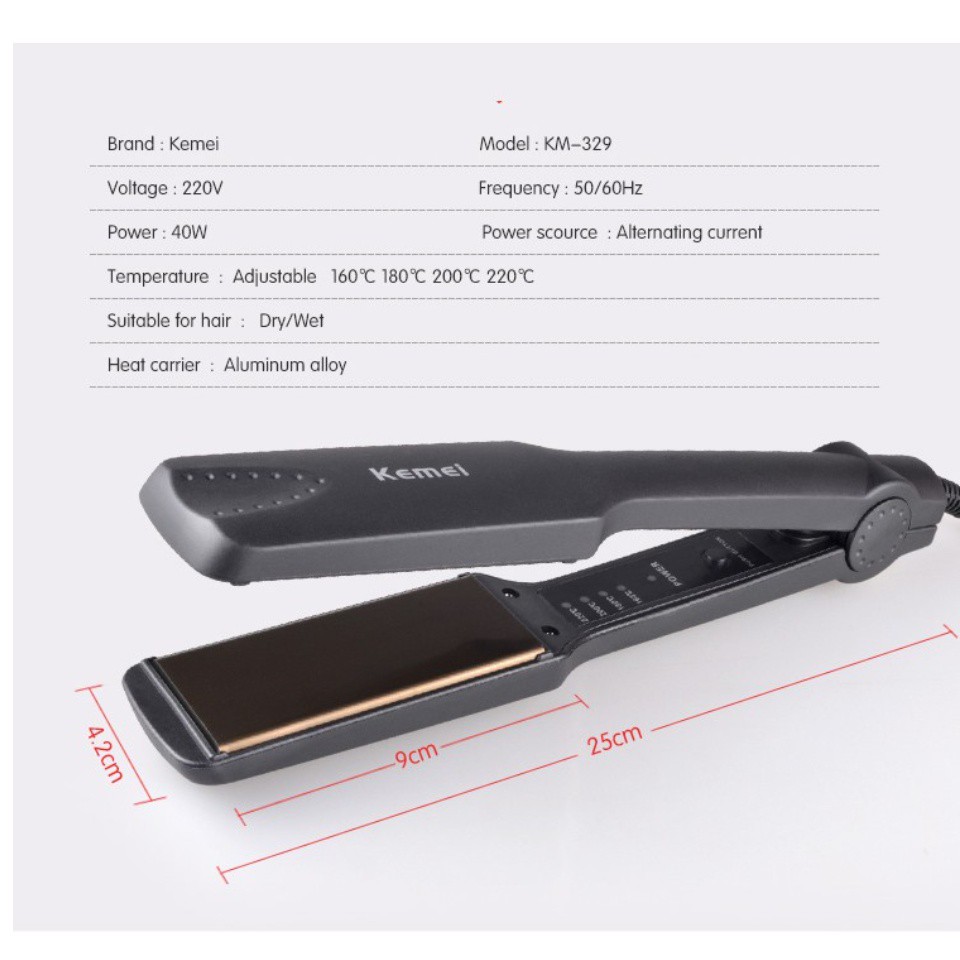 Máy Kẹp Ép Duỗi Thẳng Tóc Phủ Gốm Caremic Kemei Model KM329 Với 4 Mức Nhiệt Có Chỉnh Nhiệt Độ Công Suất 40W