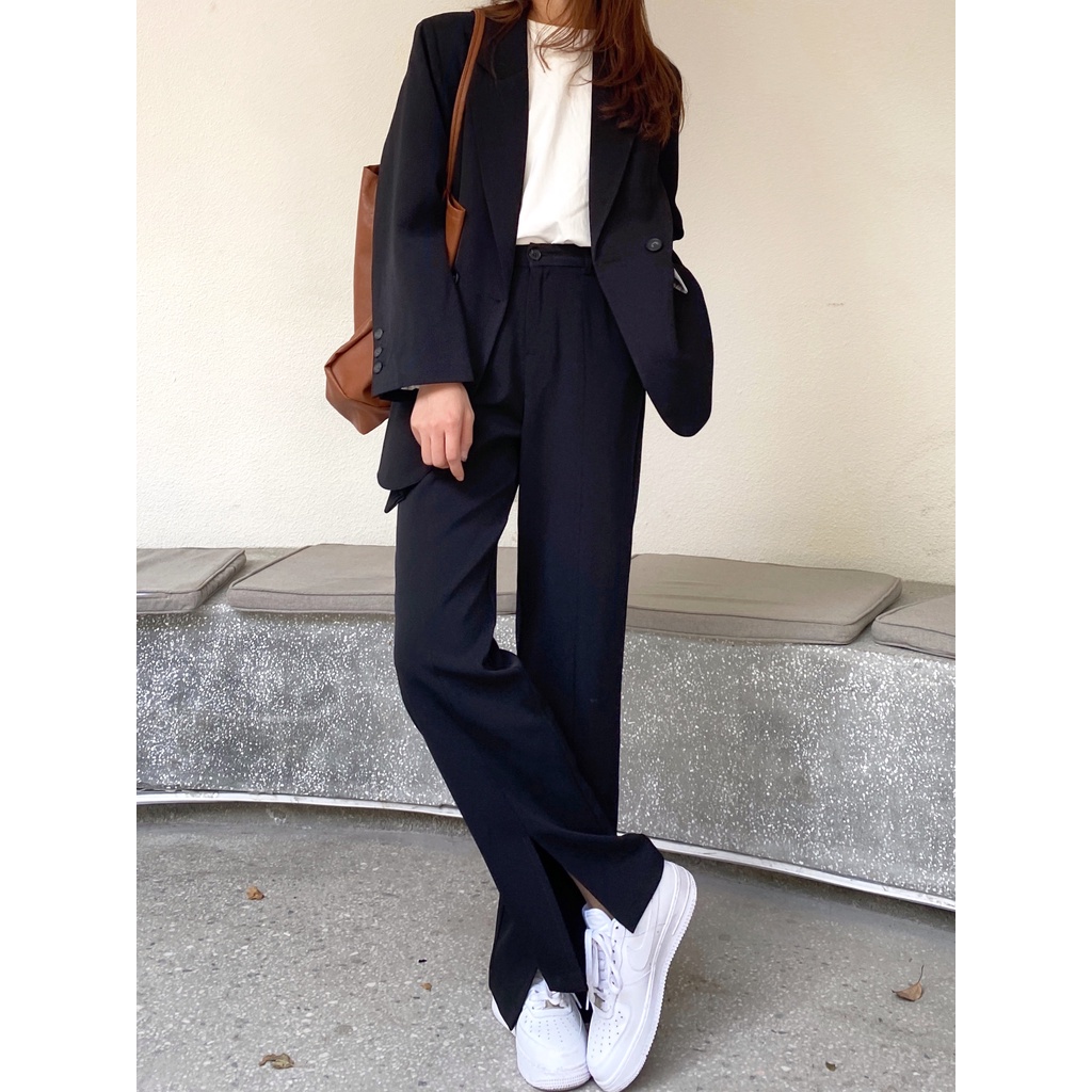 Quần Dài Lưng Cao Ống Rộng Màu Đen Phong Cách Retro Hàn Quốc Cho Nữ