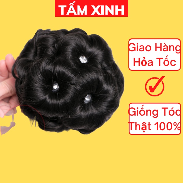 Búi tóc giả hoa trung niên đẹp - búi đen đính đá