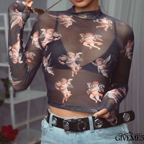 Áo croptop lưới tay dài in hình thiên thần cho nữ