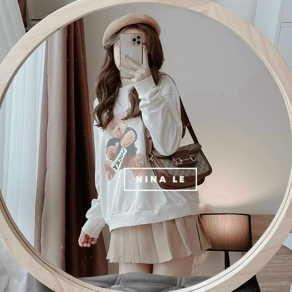 Set áo kèm chân váy nữ, áo thun trắng tay dài in gấu mix chân váy nâu xếp ly cá tính, dễ thương  dx