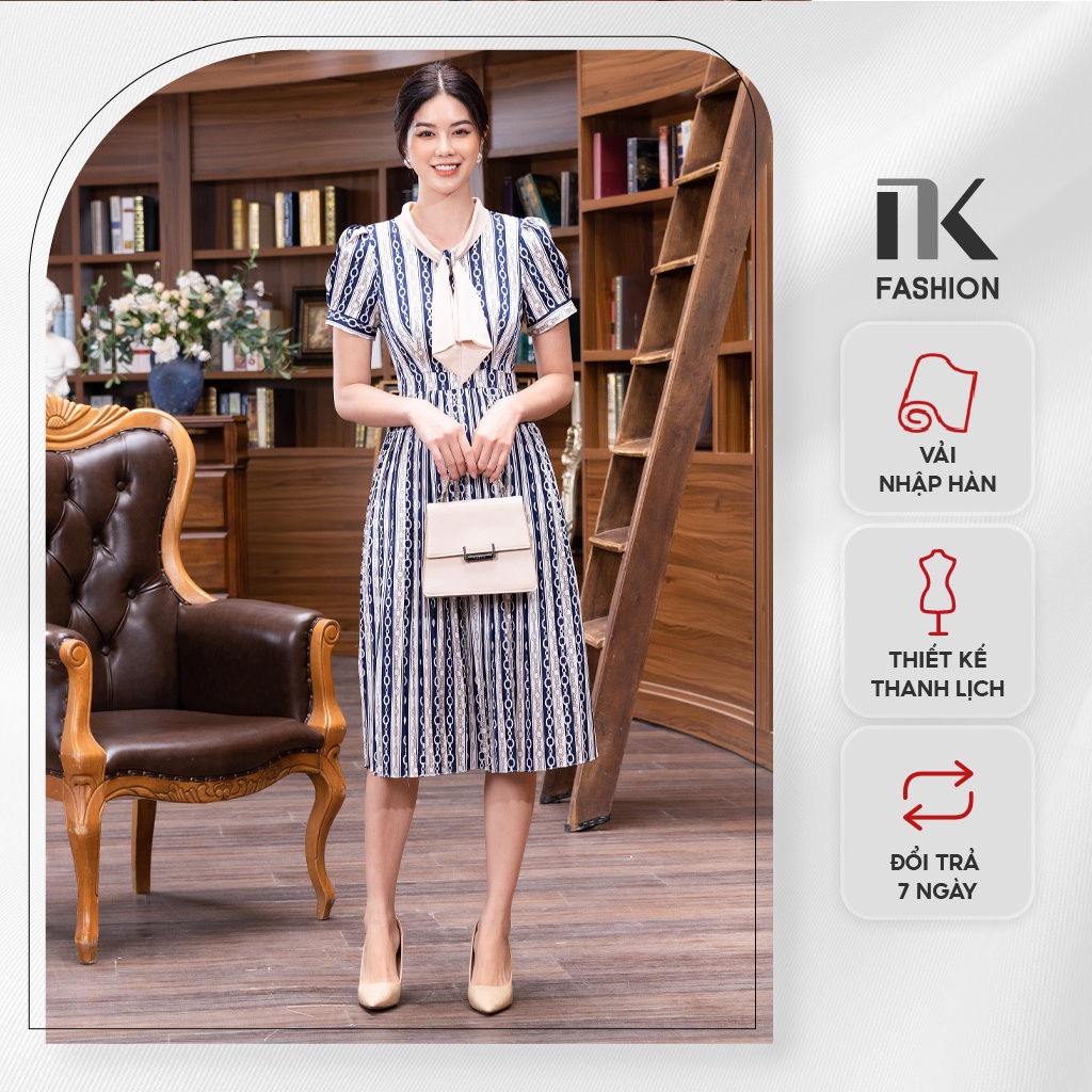 Đầm Dáng Xòe Nữ NK Fashion Thiết Kế Dập Ly Cổ Phối Nơ Xếp Bèo Nữ Tính, Chất Vải Cao Cấp Mềm Mịn NKDV2205001