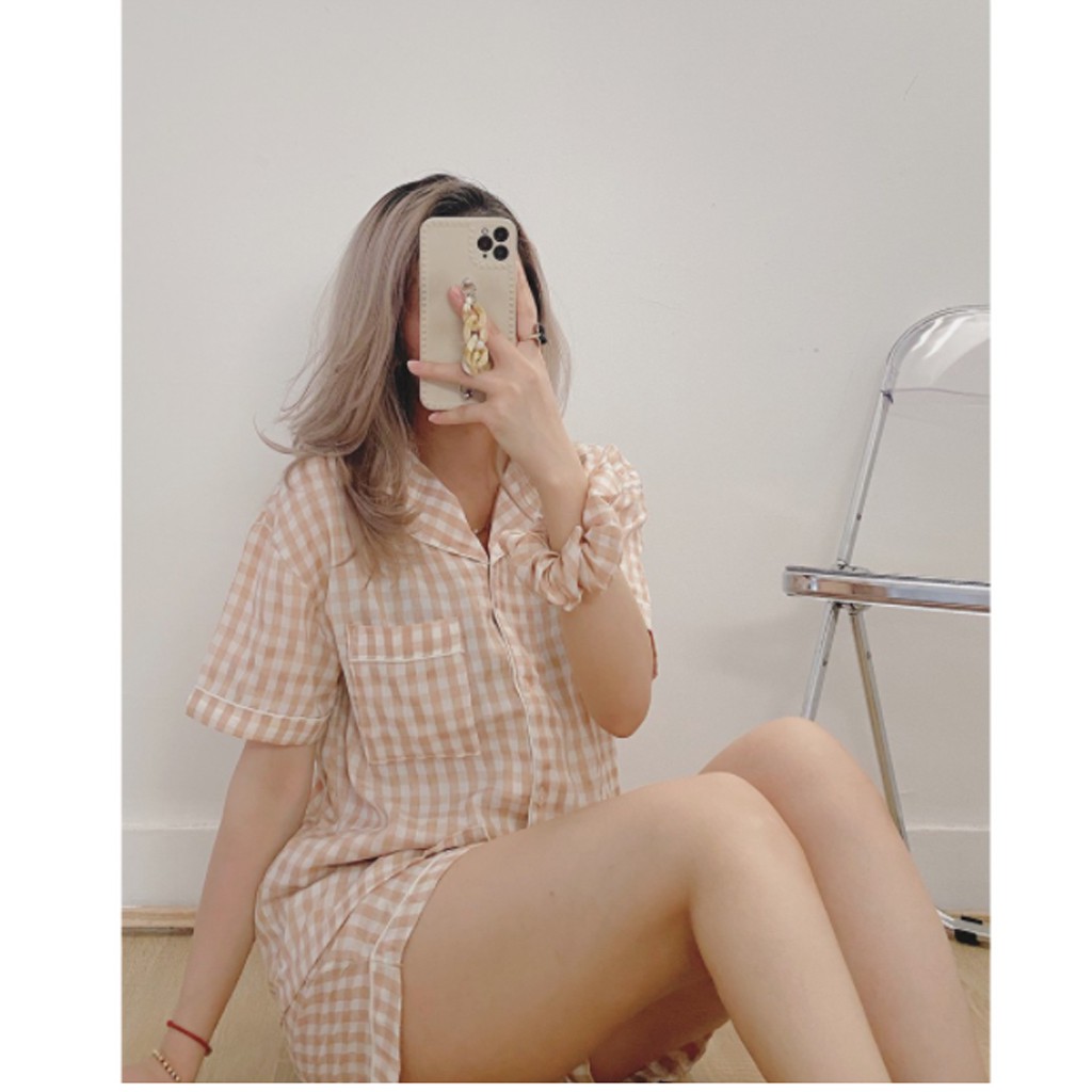 Set Pizama kẻ caro kèm scrunchies siêu xinh, Bộ đồ kẻ kèm chun buộc tóc S510, mặc đi chơi mặc ở nhà đẹp dáng tôn da | BigBuy360 - bigbuy360.vn