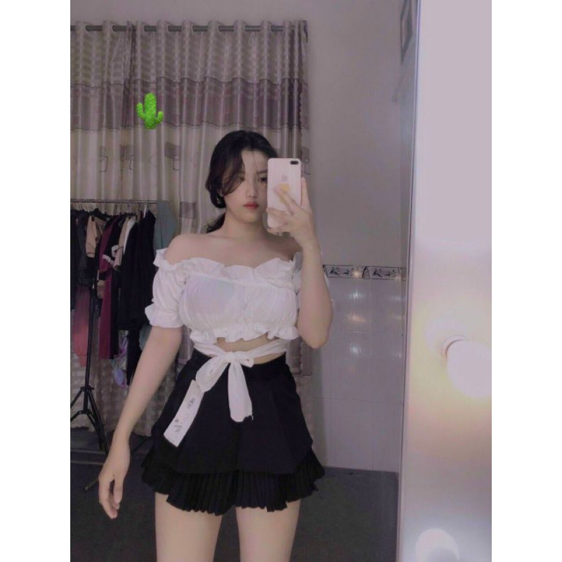 Áo Kiểu Nữ Nhúng Croptop Chéo Cột Nơ Eo