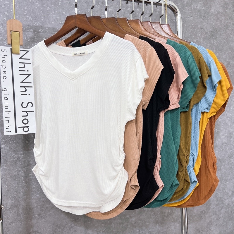 Áo thun kiểu cổ tim rúm 2 bên, Áo kiểu thun dẻo mềm mịn co giãn AT6531 - NhiNhi Shop