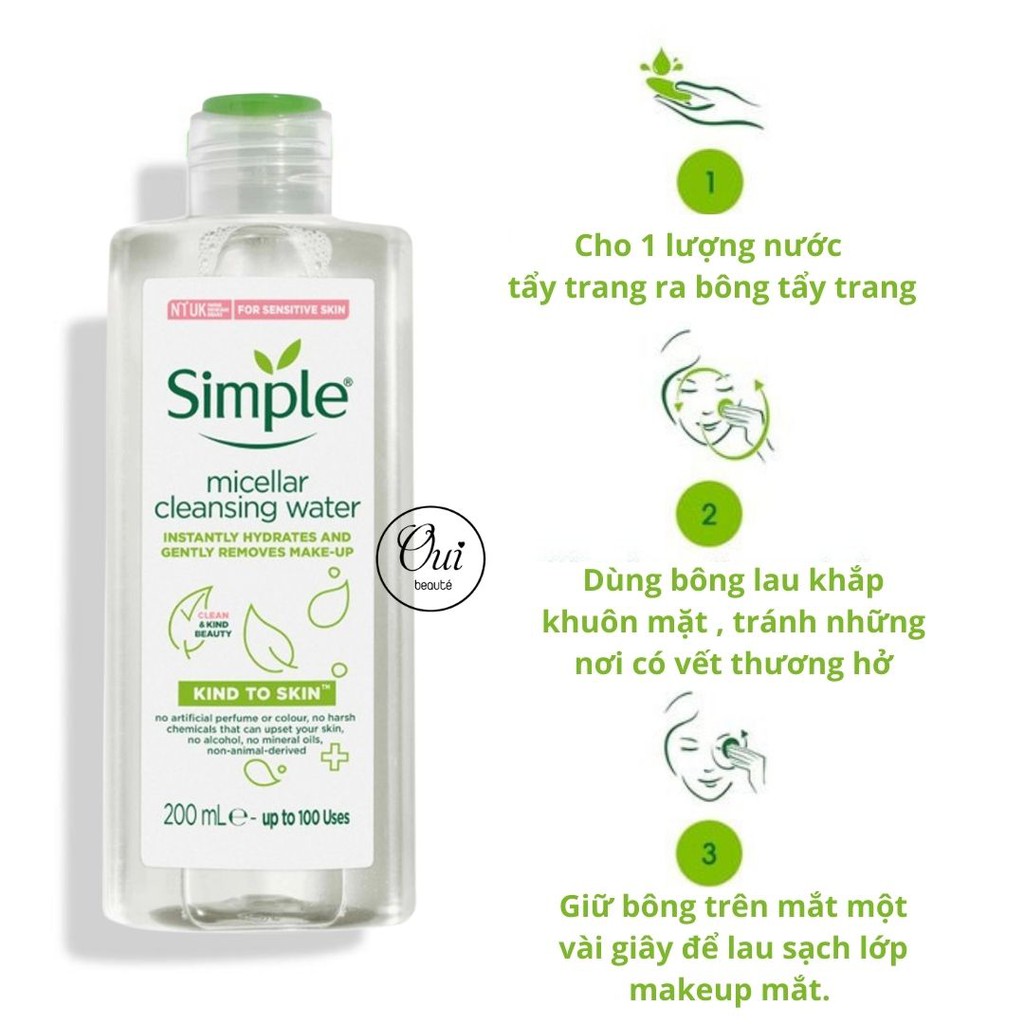 Nước tẩy trang Simple Micellar Cleansing Water, Nước làm sạch sâu cho da nhạy cảm 200ml Ouibeaute