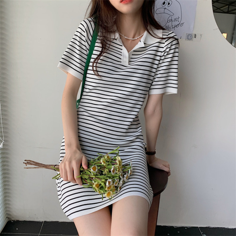 Shirt midi dress striped short sleeve knit dress