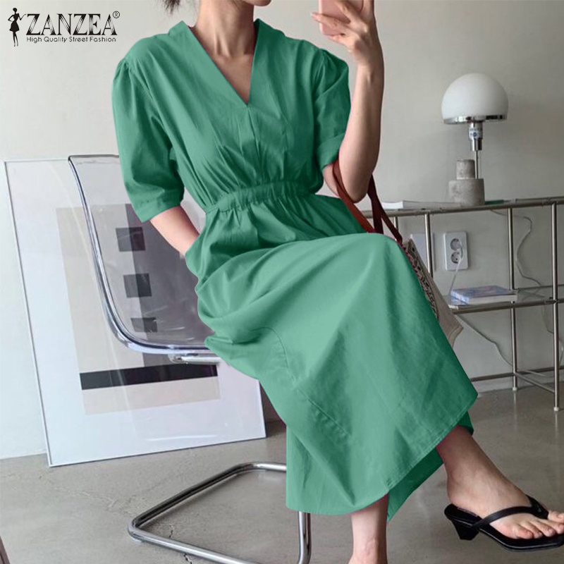 Đầm nữ Zanzea tay ngắn cổ chữ v thời trang phong cách Hàn Quốc