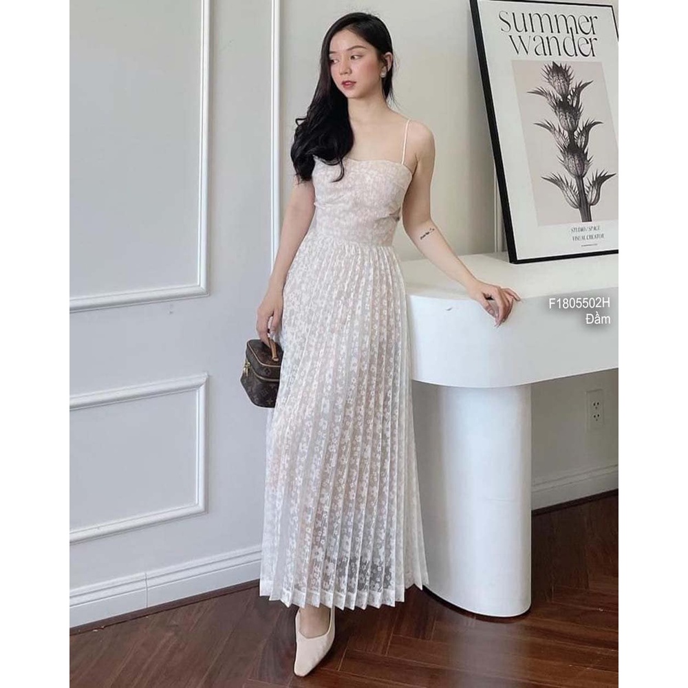 Đầm maxi ren hoa xòe tà phối dập ly có lót cúp ngực 2 dây